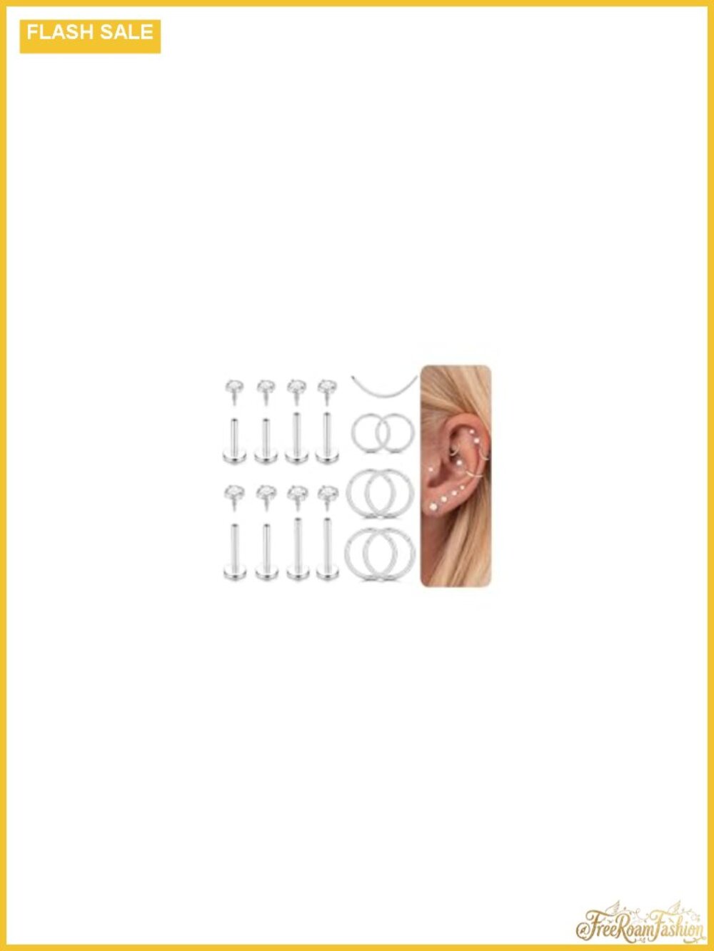 14K Gold Plated Flat Back Earrings Set - 18G 16G Hypoallergenic Surgical Steel